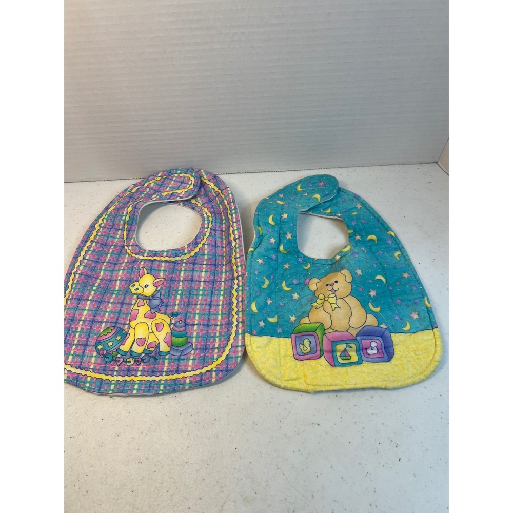 Vintage Quilted Baby Bibs Set of 2 Teddy Bear Giraffe Plaid Hook and Loop